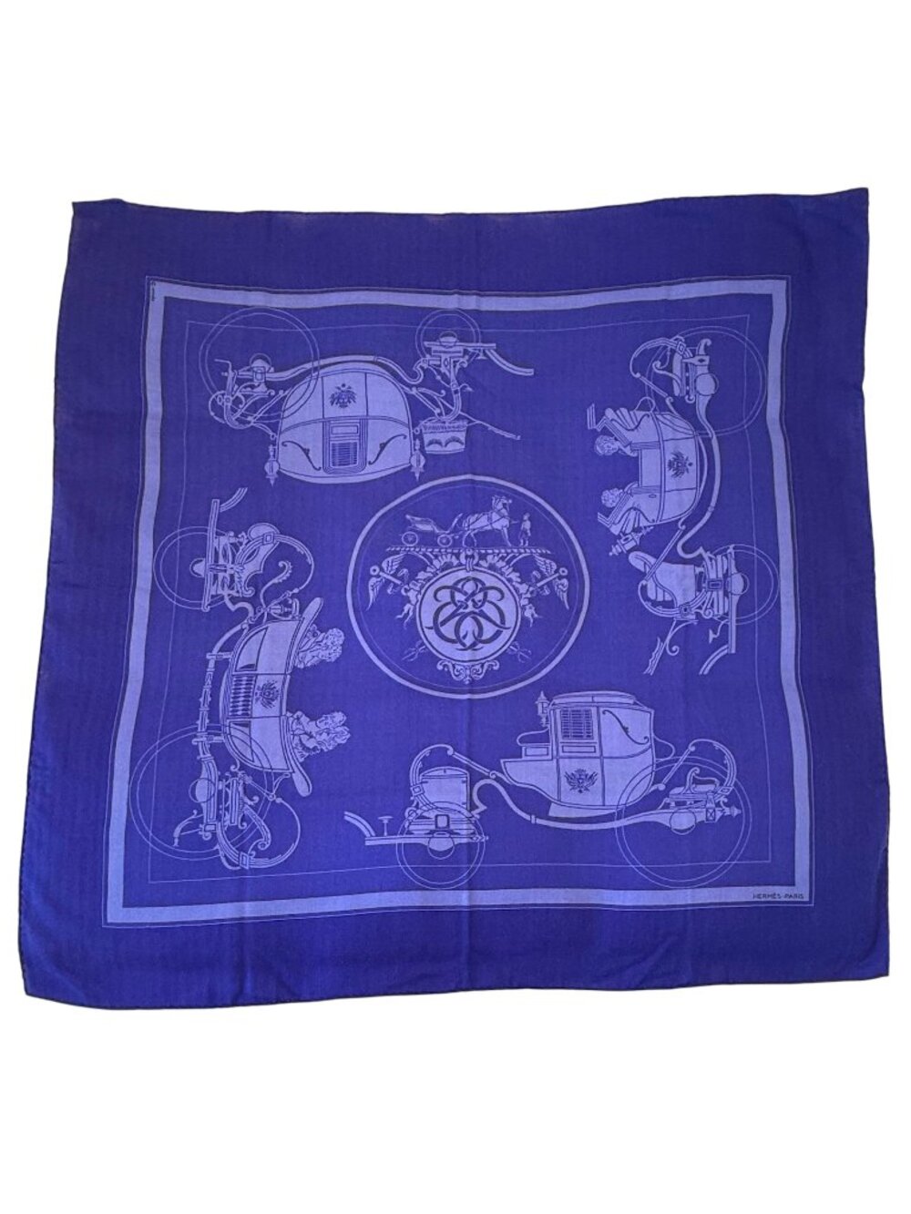 HERMES Ex-Libris Royal Blue 90 cm Cashmere Silk Scarf Box EXCELLENT VERY RARE